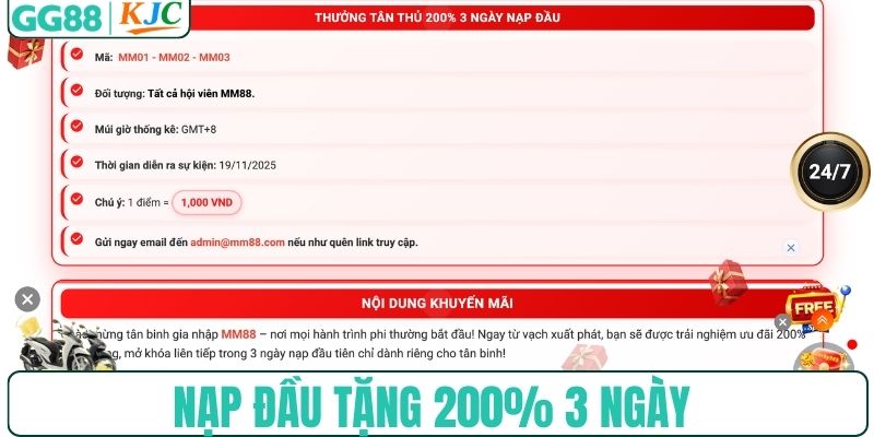 Nạp đầu tặng 200% 3 ngày